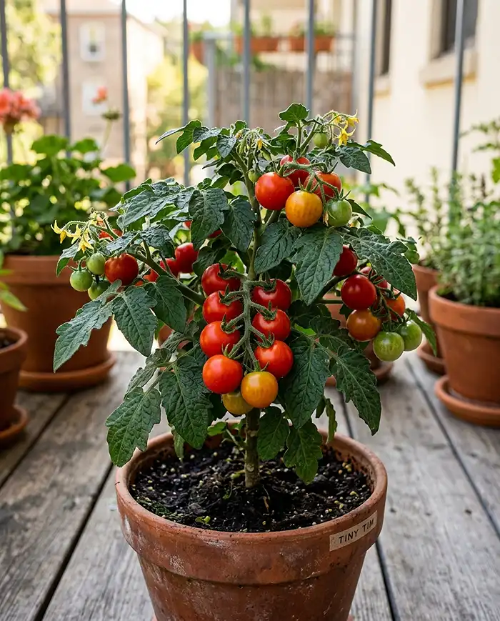 Best dwarf vegetables for pots in late summer 2 Dwarf vegetables for pots in late summer including a compact Tiny Tim tomato ripening in a small container