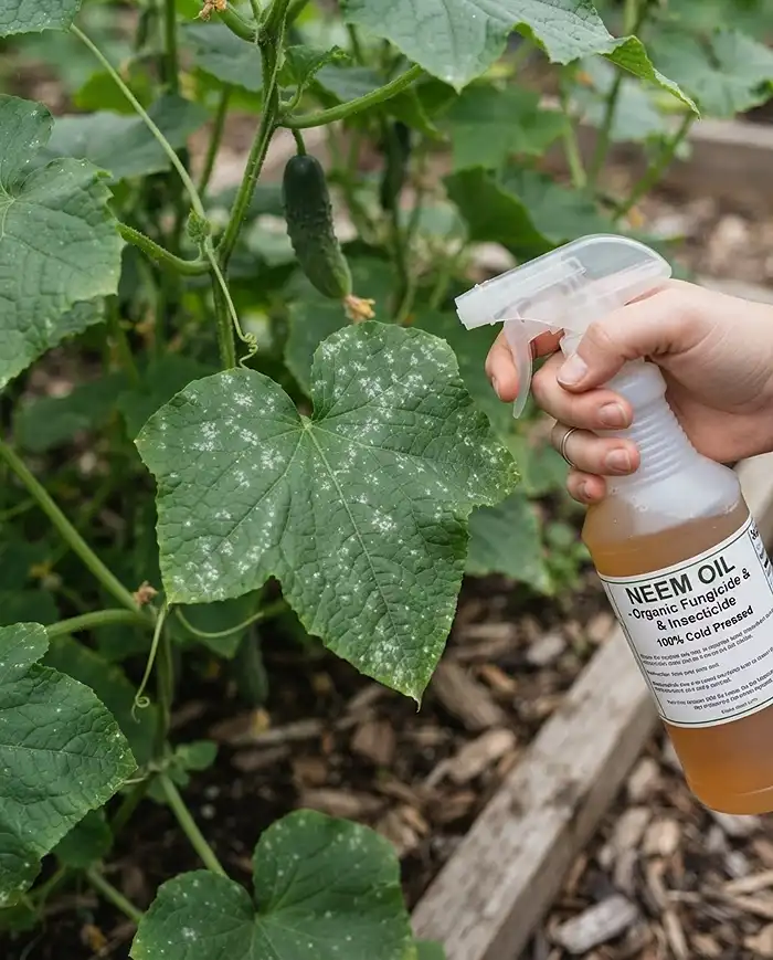 Best Cucumbers for Containers 5 Early powdery mildew on a container cucumber leaf with a neem oil spray ready to treat it.