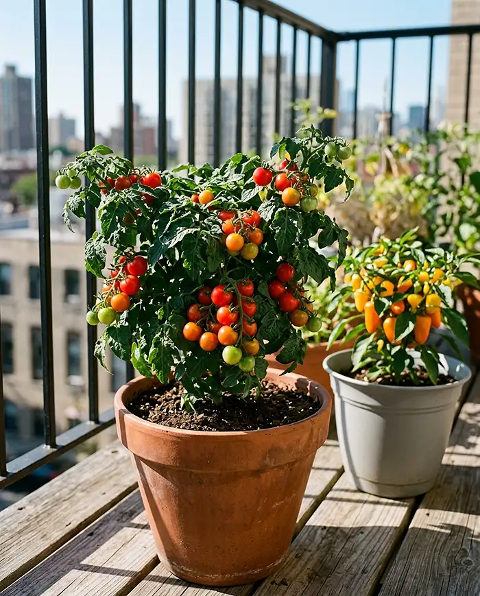 Edible Balcony Garden Ideas for a Cozy Dining Corner 4 Edible balcony garden ideas featuring a compact patio tomato and mini bell peppers in small pots