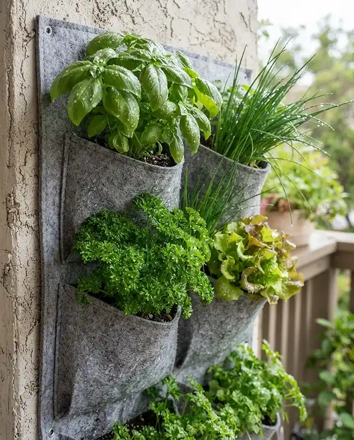 Felt pocket vertical wall planters for herbs holding basil, parsley, and chives