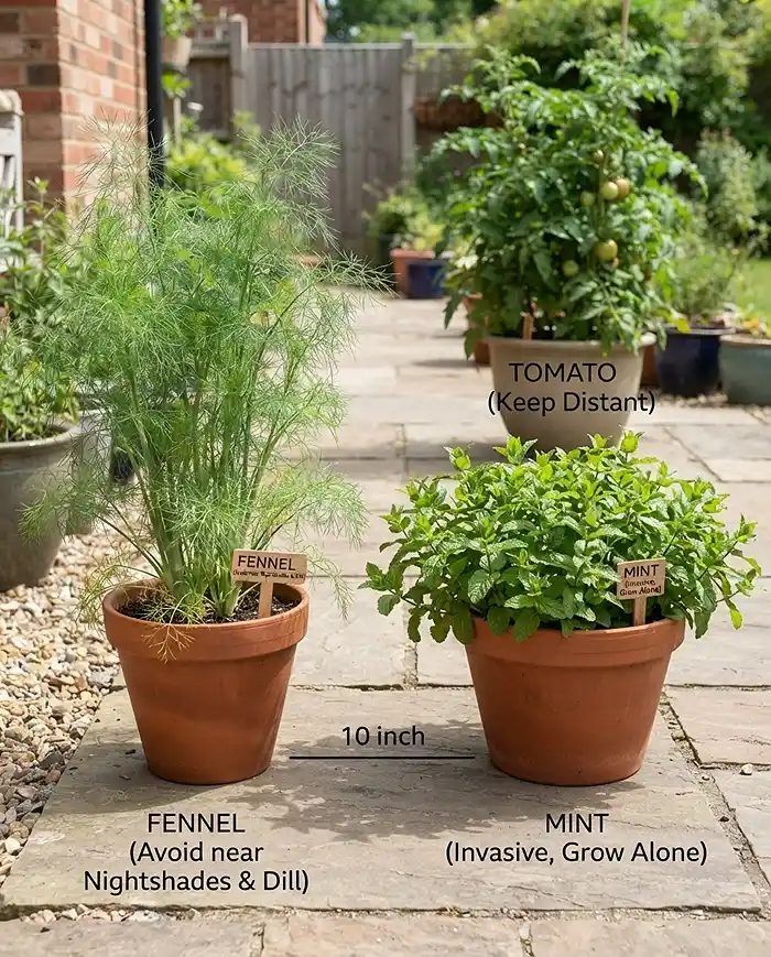 Fennel and mint growing in separate pots away from a tomato to avoid root competition
