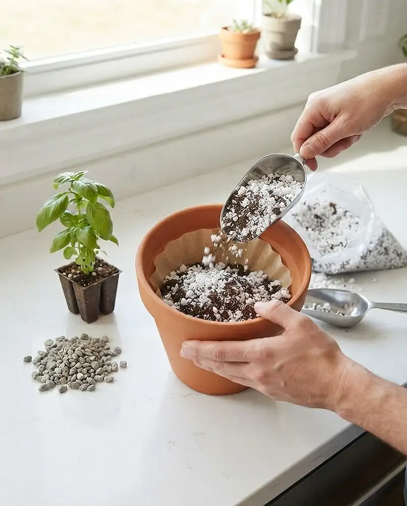 Best Pots for Kitchen Herbs: Top Picks 5 Filling a kitchen herb pot with light potting mix over a drainage-hole screen before planting.