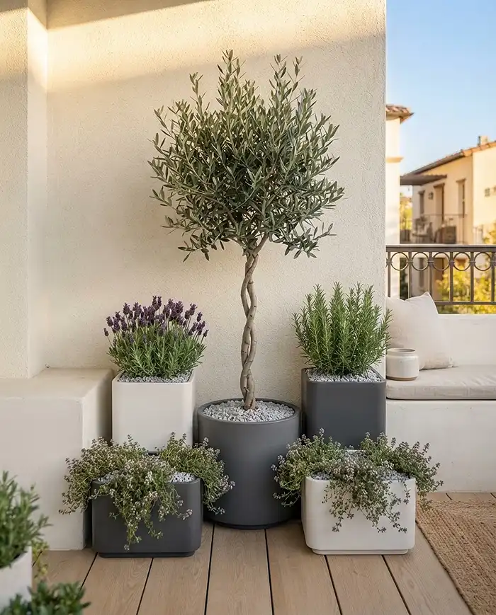 Finished modern balcony layout with olive tree, lavender, rosemary, and trailing thyme in minimalist planters