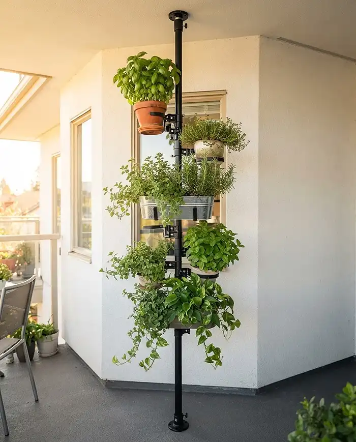 Floor-to-ceiling tension pole holding tiered herb pots in under a square foot of balcony space
