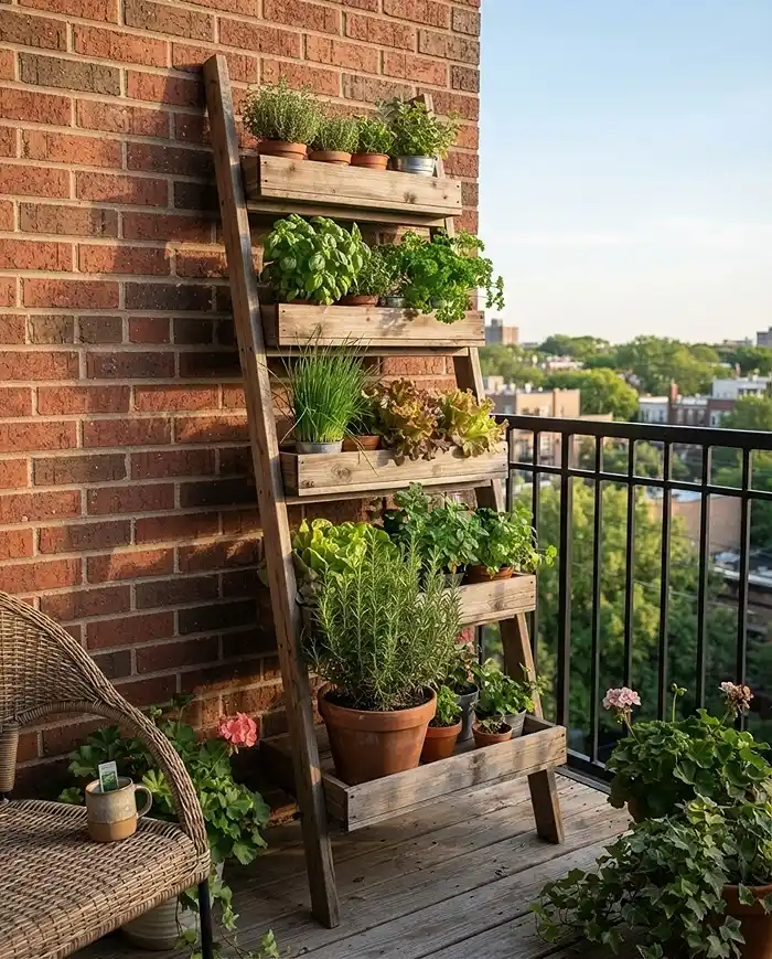 Freestanding tiered cedar ladder planter with herbs and lettuce leaning against a brick wall