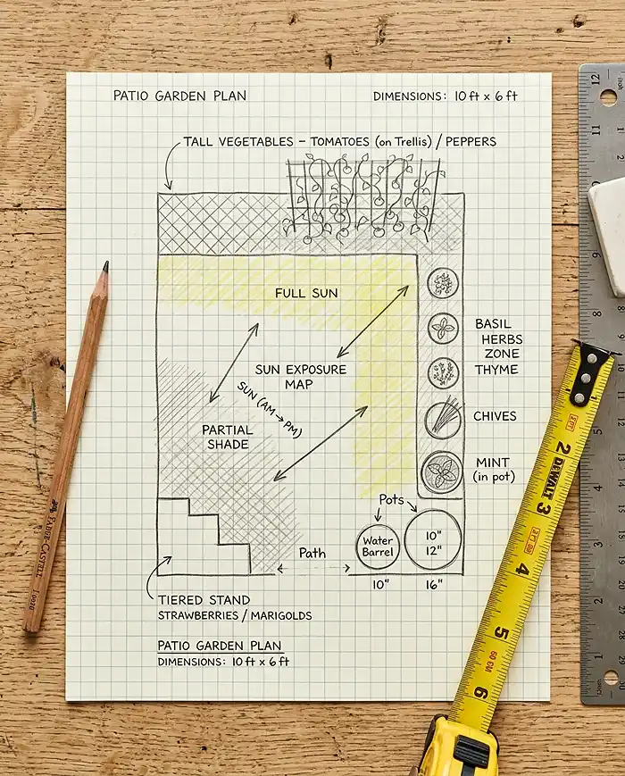Hand-drawn sketch zoning a small patio garden layout with herbs and vegetables by sun and height
