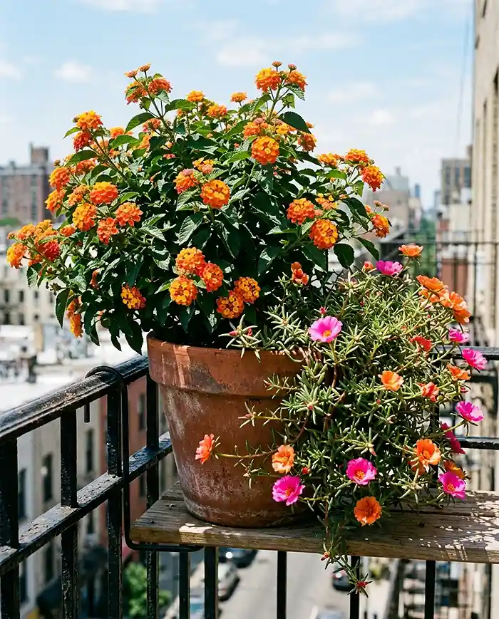 Best Heat Tolerant Flowers for Balcony Pots 2 Heat tolerant flowers for balcony pots with lantana and trailing portulaca in bloom
