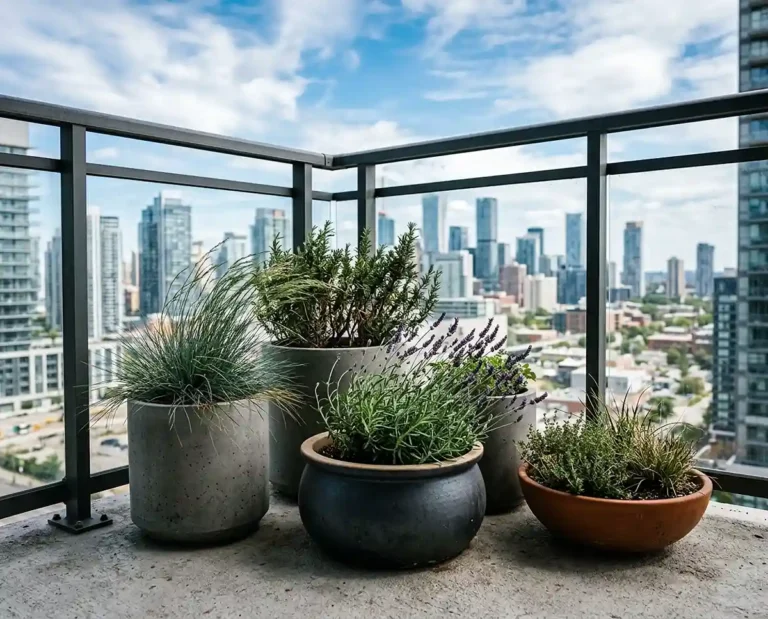 Heavy wide-based planters staying upright on a windy high-rise balcony