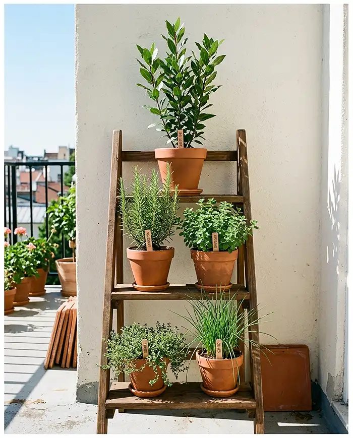 Herb garden layout for a sunny balcony using a tiered stand to stack herbs by height