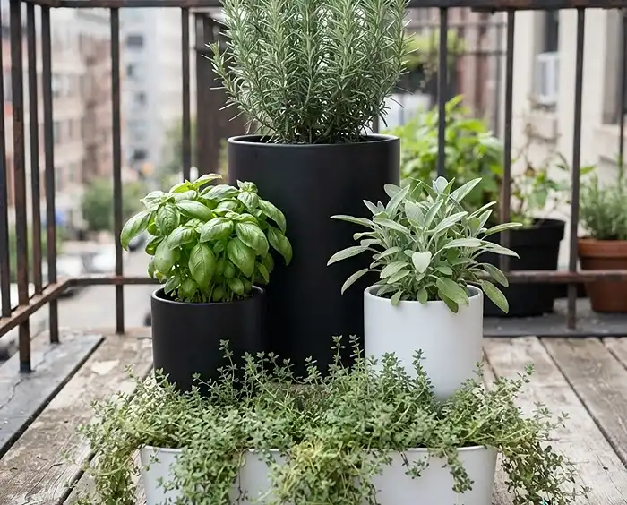 Black and White Balcony Garden Ideas With Herbs 4 Herbs arranged by height for depth and balance on a black and white balcony