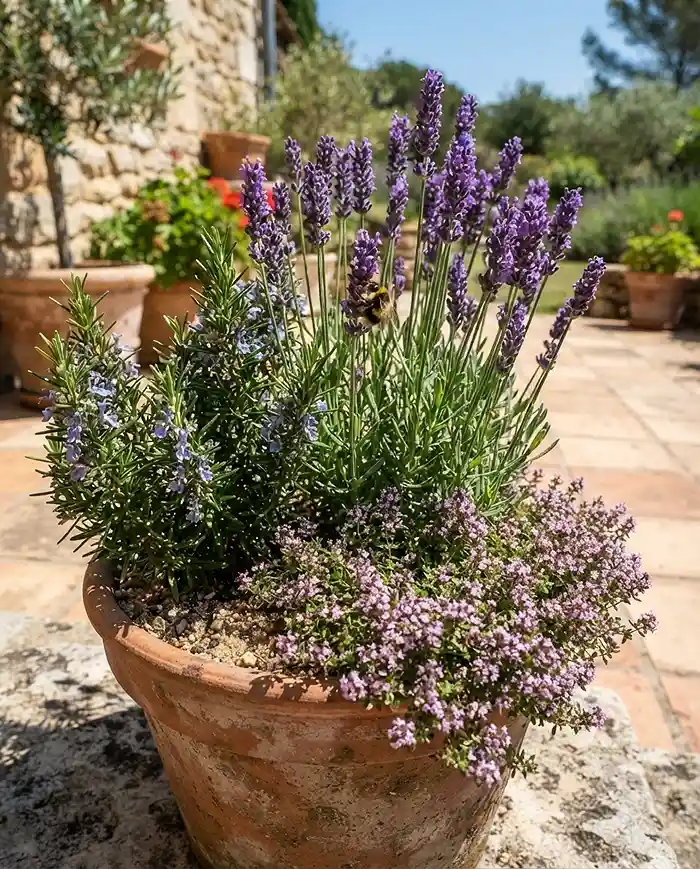 Bee Friendly Container Plants 3 Lavender, rosemary, and creeping thyme sharing one fast-draining pot with a bumblebee visiting the lavender