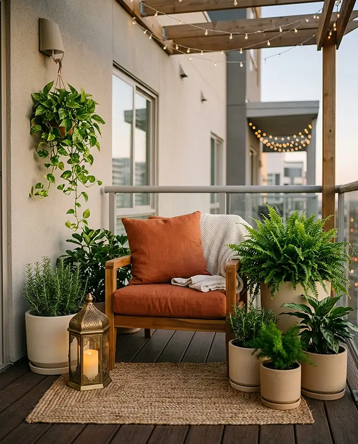 Layering cushions, a rug, and a lantern in one accent tone to finish a balcony palette. small balcony decor ideas that look expensive