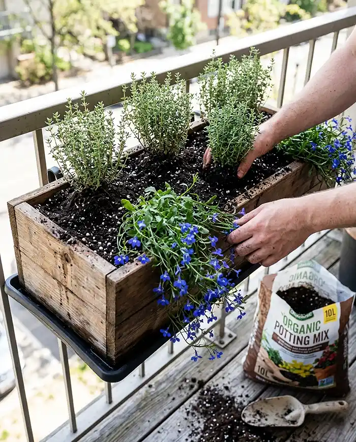 Railing Planter Ideas for Herbs and Flowers 5 Layering upright herbs at the back and trailing flowers at the front of a railing planter