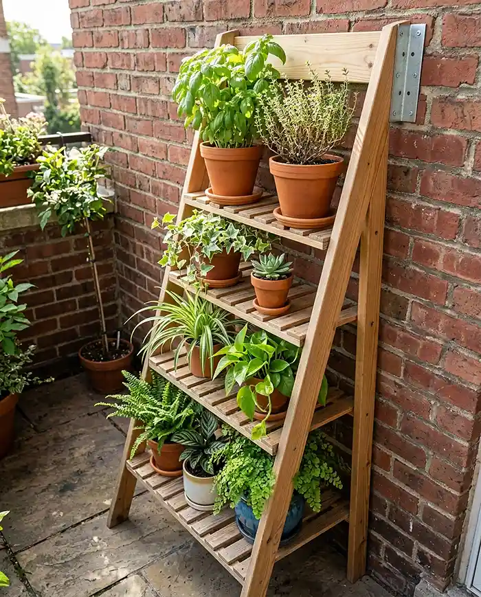 Leaning ladder shelf with sun-loving herbs on top and a shade fern on the bottom tier