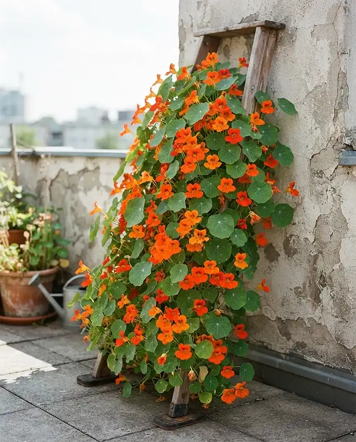 Leaning ladder trellis covered in trailing nasturtiums hiding a bare concrete balcony wall