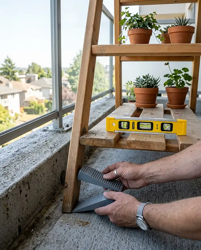 Leveling a balcony plant shelf on sloped concrete with shims and a torpedo level