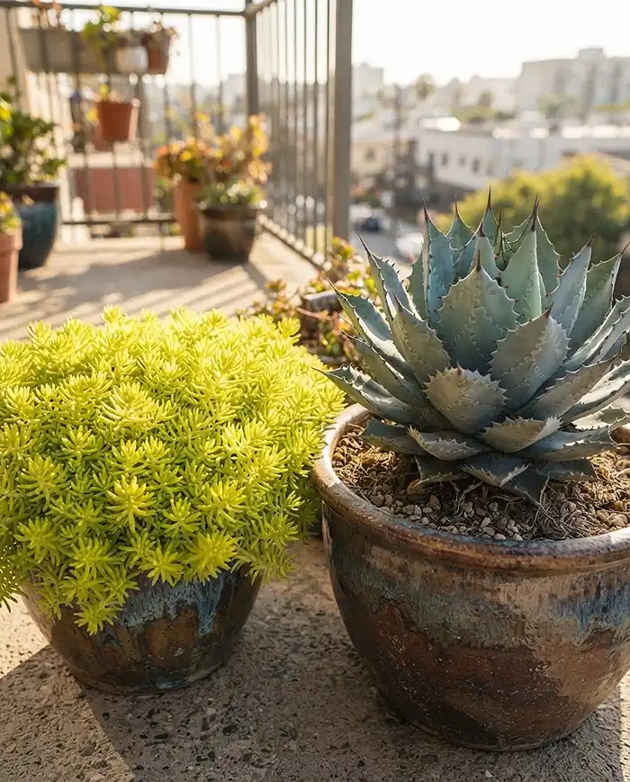 Low Maintenance Balcony Plants for Busy Gardeners 4 Low Maintenance Balcony Plants for Busy Gardeners like golden Sedum and agave thriving in full sun on a concrete balcony.