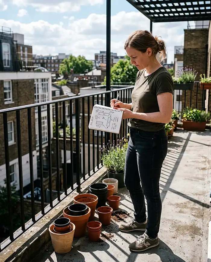 Mapping sun and shade zones on a balcony before placing herb pots