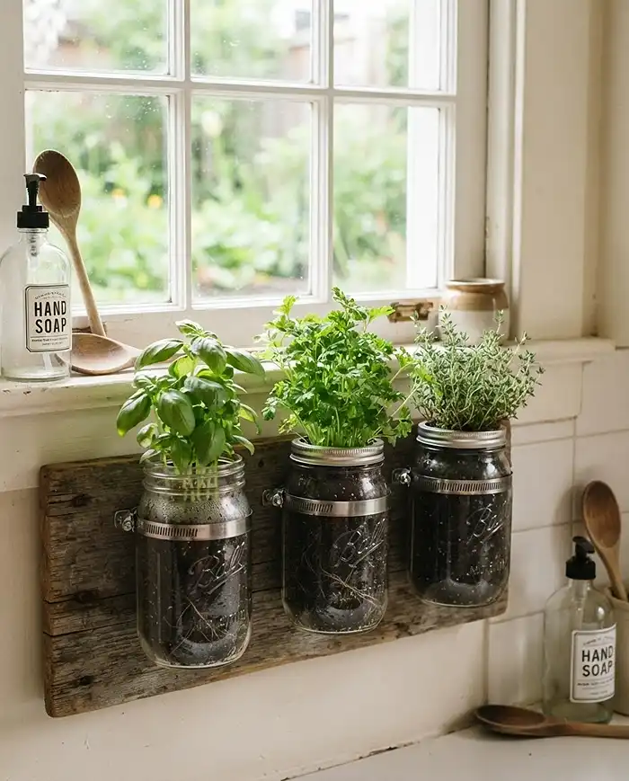 Mason jar wall-mounted herb rack below a kitchen window