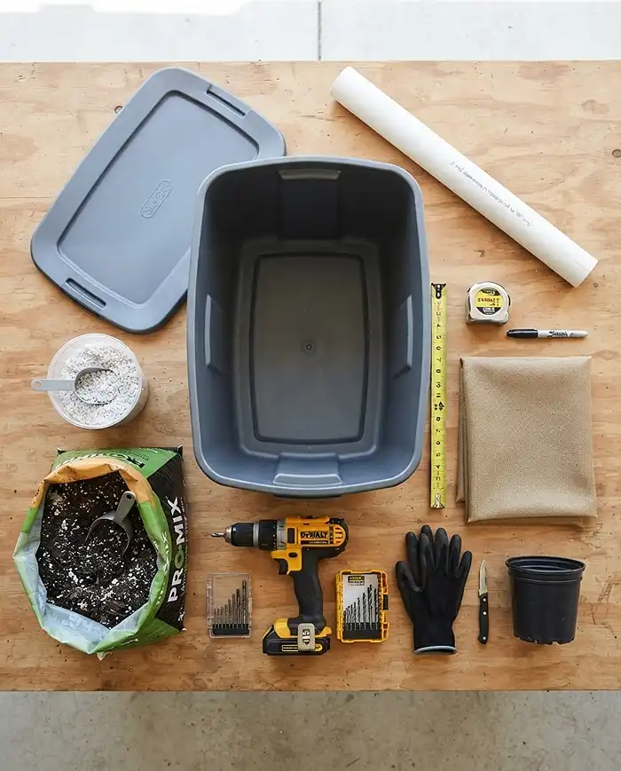 Materials and tools laid out for building a DIY self-watering container