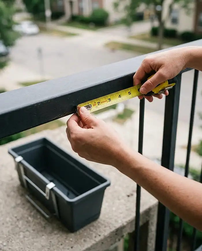 Railing Planter Ideas for Herbs and Flowers 2 Measuring a balcony railing's width and depth before choosing a planter