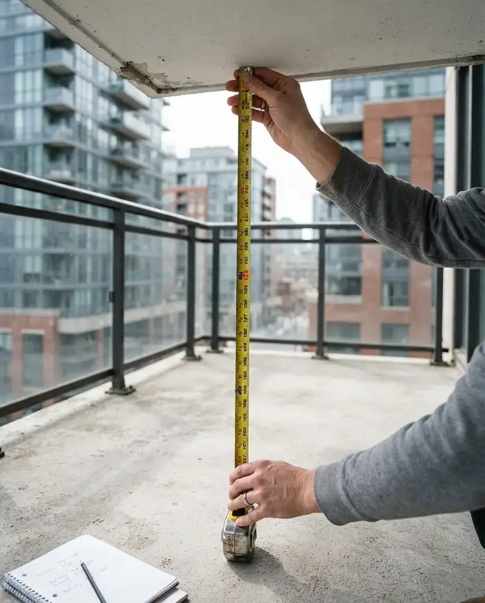 Measuring balcony ceiling height before installing tension poles for a no drill balcony garden