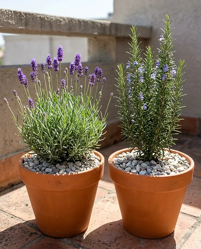 Mediterranean balcony plants like Munstead lavender and Tuscan Blue rosemary thriving in terracotta pots