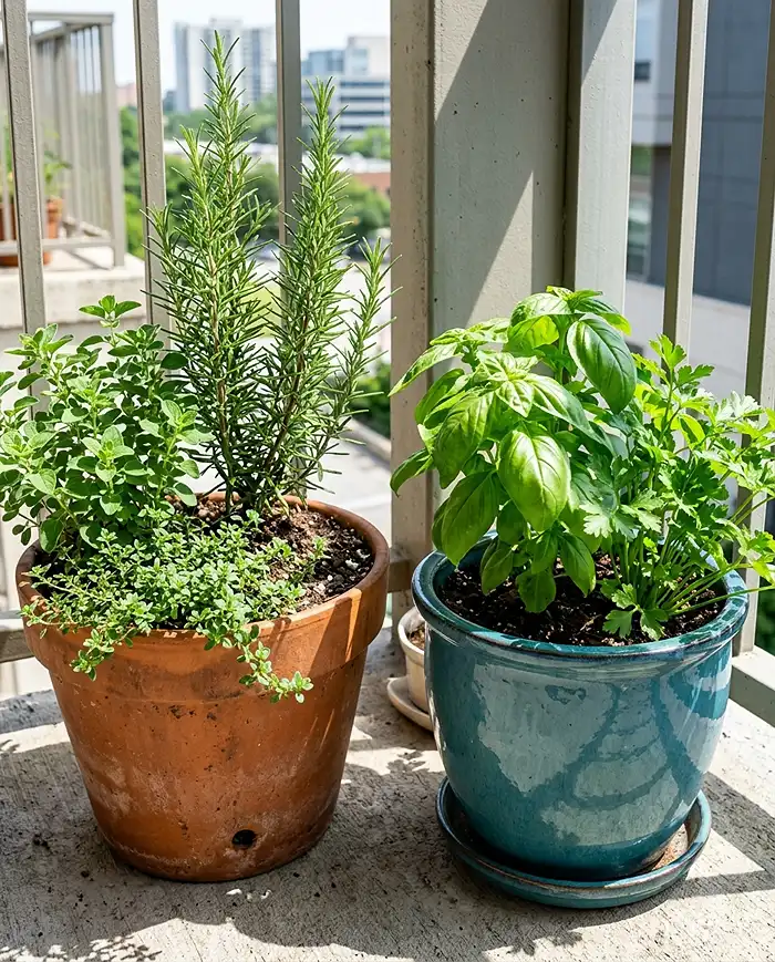 Mediterranean herbs and moisture-loving herbs grouped in separate pots by water needs