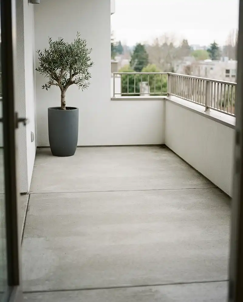 Minimalist balcony garden using negative space with a single statement olive tree