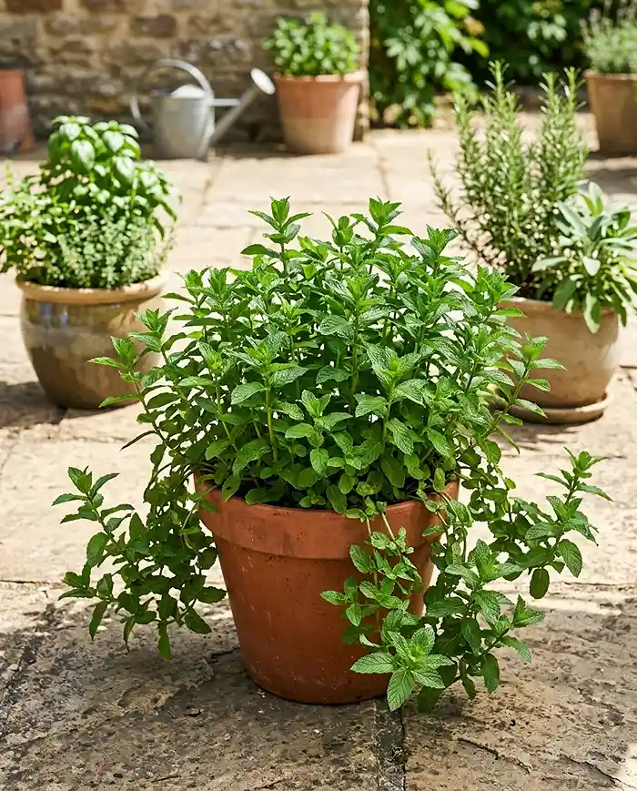 Mint growing alone in its own pot to keep its runners from crowding other herbs