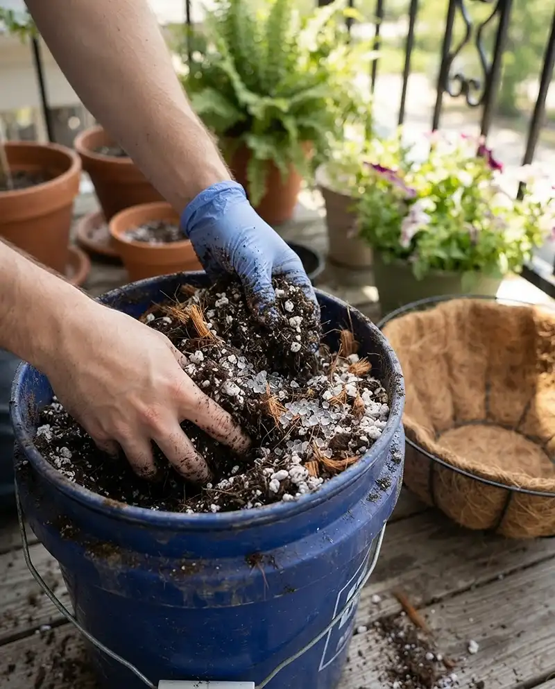 Balcony Corner Hanging Planters That Save Space 5 Mixing a lightweight blend of potting soil, perlite, and coco coir with hydrogel crystals for hanging corner baskets.