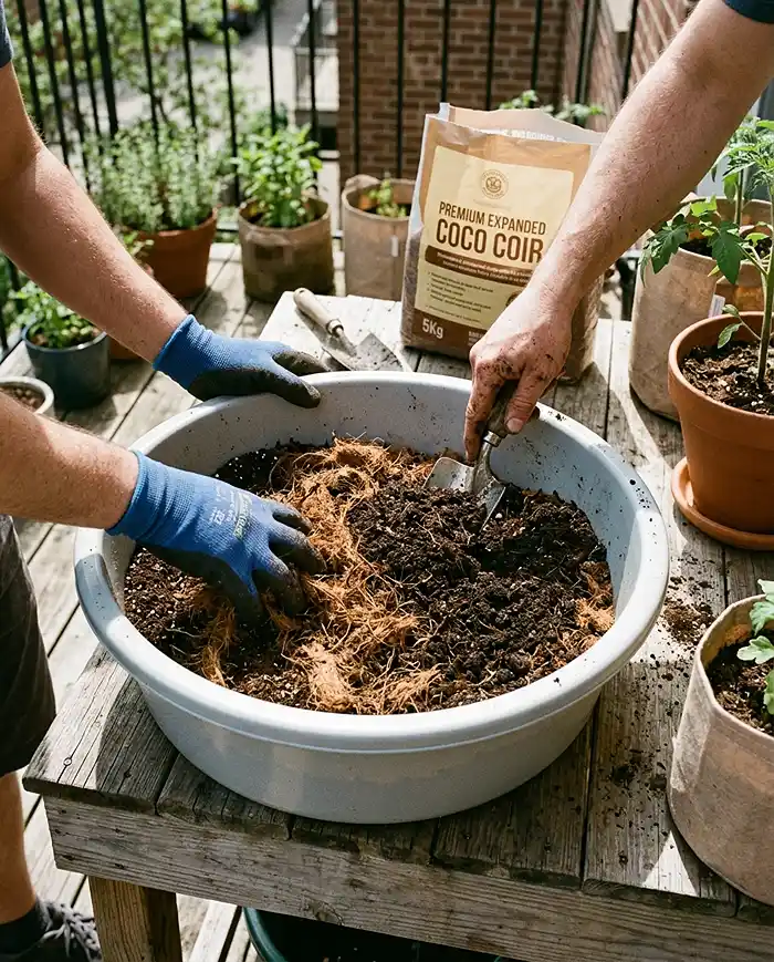 Best Grow Bags for Vegetables in Small Spaces 5 Mixing potting soil, coco coir, and compost for a moisture-retentive grow bag blend
