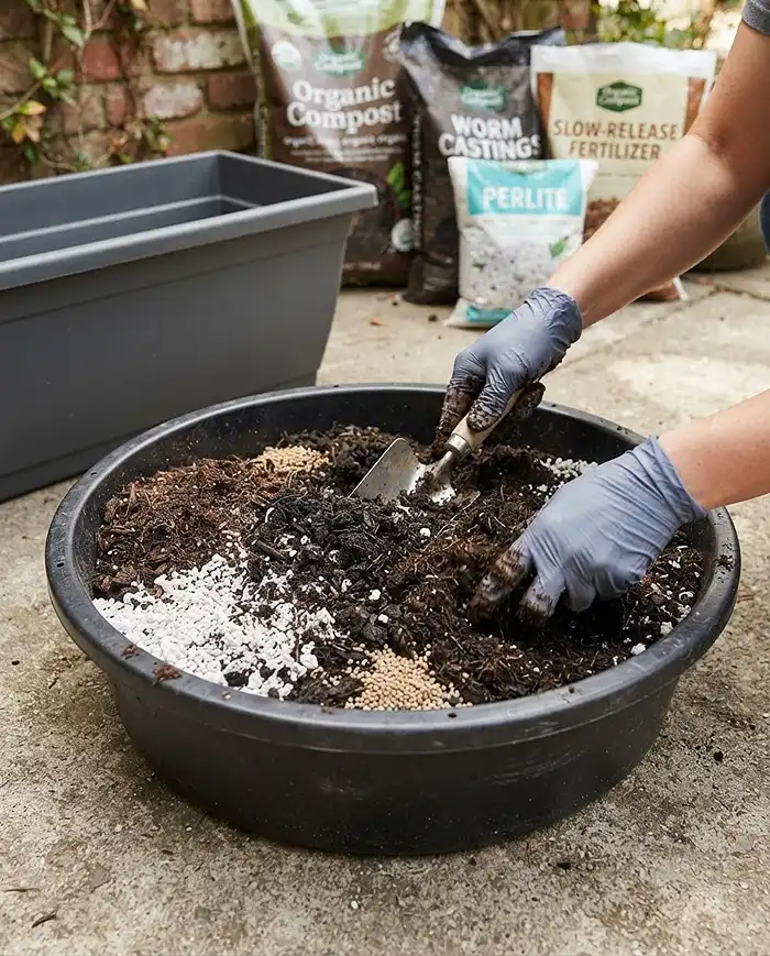 Mixing potting soil, compost, perlite, and slow-release fertilizer for a high-nutrient vine container.
