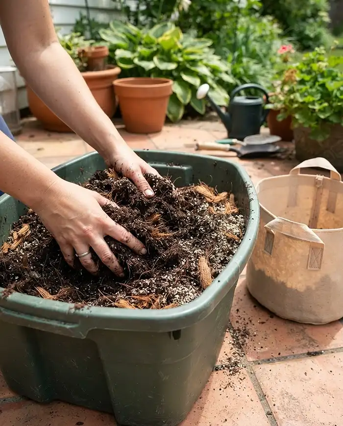 Mixing potting soil with coco coir and vermiculite for a moisture-retentive July container blend.