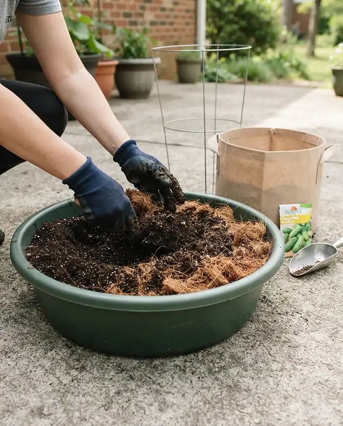 Best Cucumbers for Containers 3 Mixing potting soil with coco coir for a moisture-retentive late-summer cucumber container blend.