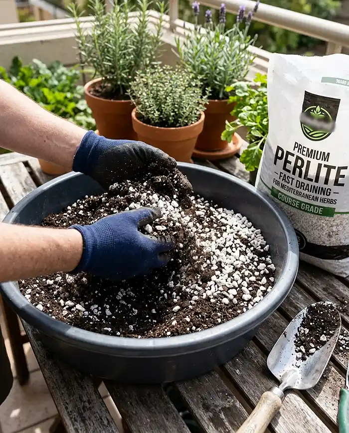 Mixing potting soil with perlite for a free-draining herb container blend