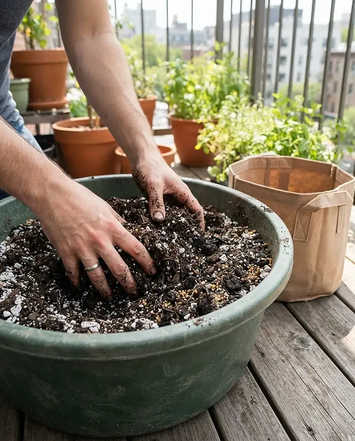 Container Size for Vegetables 4 Mixing potting soil with perlite, worm castings, and slow-release fertilizer for a vegetable container.