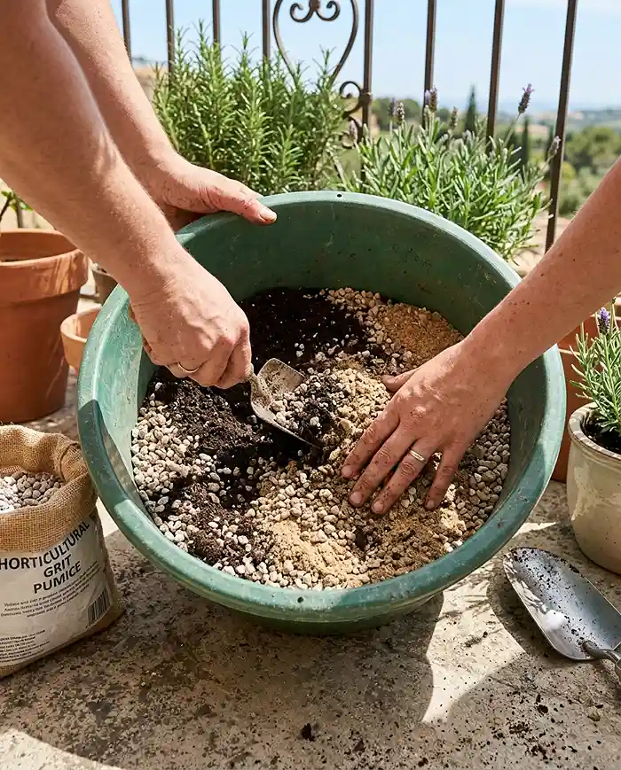 Mixing potting soil with sand and pumice for a fast-draining Mediterranean soil blend