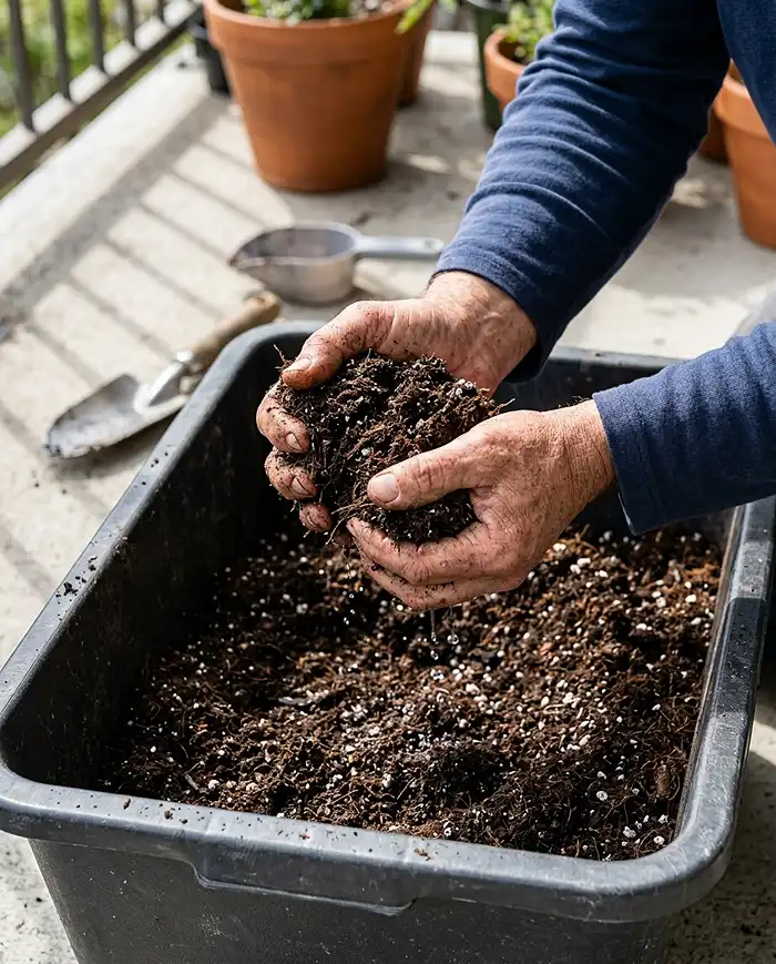 Moistening a homemade container soil mix to a wrung-out-sponge consistency