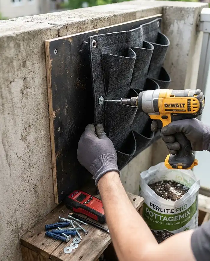 vertical garden ideas for small spaces 5 Mounting a felt pocket garden panel onto a waterproof backing board with proper wall anchors.