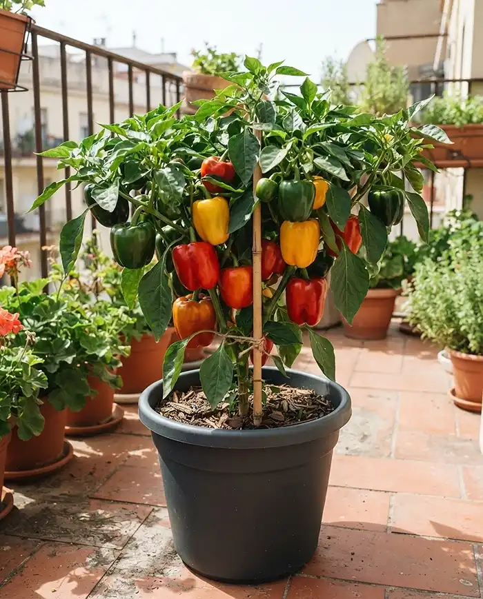 Best Pot Size for Tomatoes Peppers and Cucumbers 3 One bell pepper plant per container with a support stake for best yield