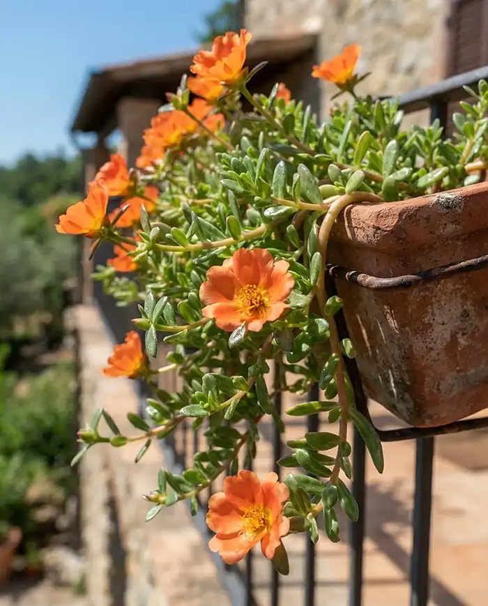 Heat Tolerant Trailing Flowers for Container Edges 2 Orange portulaca, one of the best heat tolerant trailing flowers for containers, spilling over a terracotta box