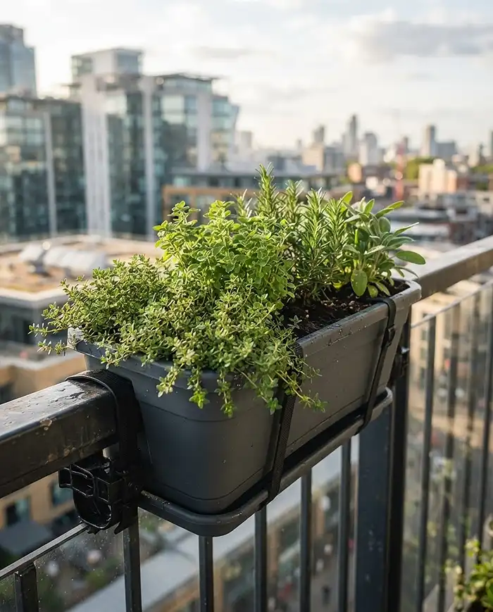 Over-the-railing saddle planter with herbs and a sealed drip tray gripping a balcony rail