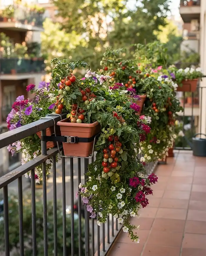 vertical garden ideas for small spaces 4 Over-the-railing saddle planters of cherry tomatoes lining a balcony perimeter with no floor space used.