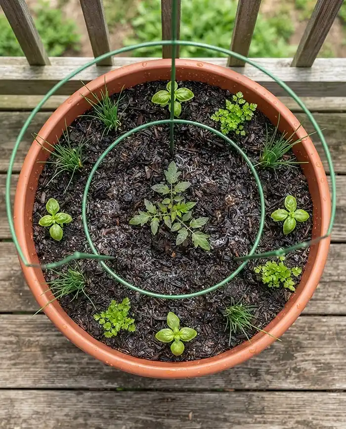 Overhead view of a newly planted tomato and herb container with cage and perimeter herbs