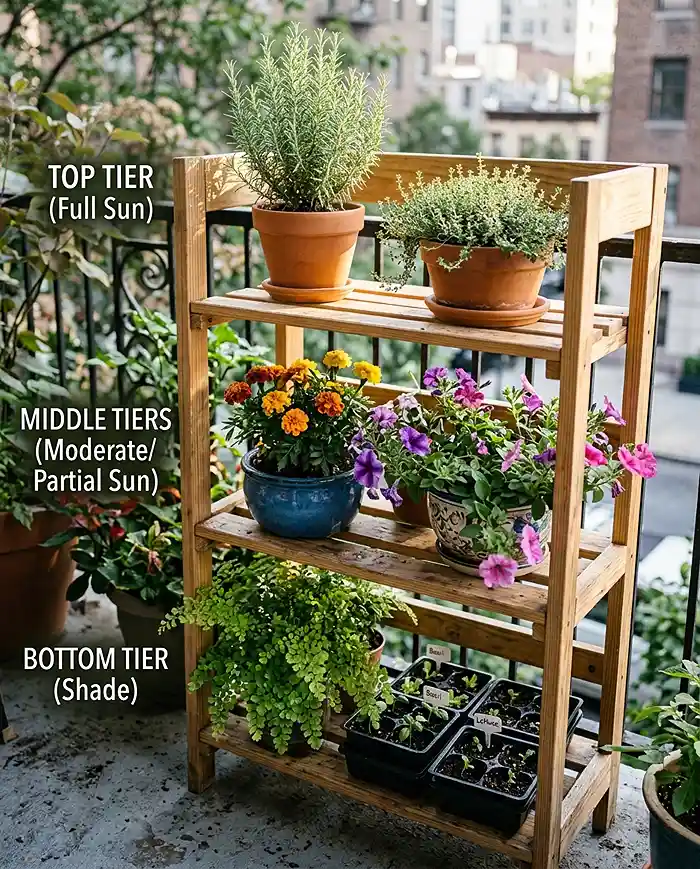 Plant shelf arranged with herbs on top, part-sun flowers in the middle, and ferns below