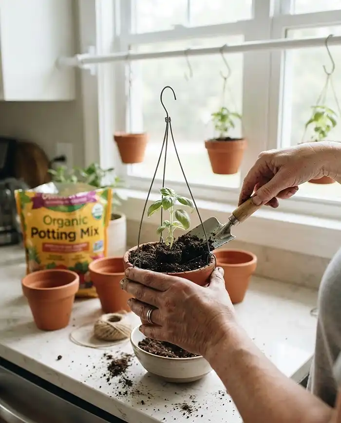 Planting a basil seedling into a hanging pot during herb garden installation