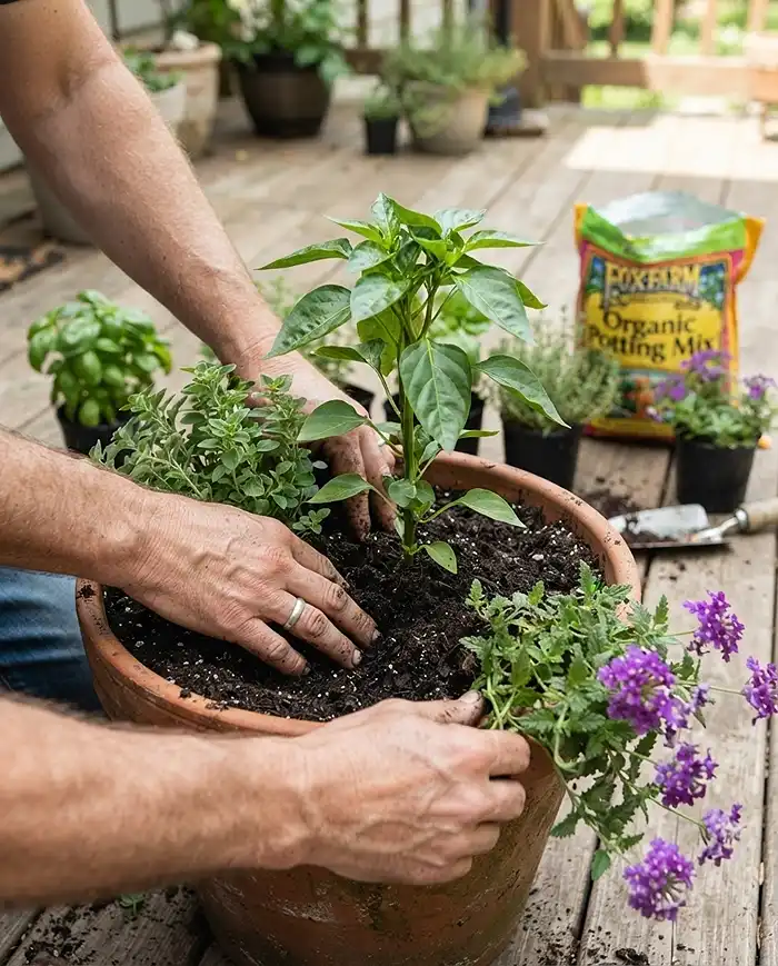 Planting a companion container using a thriller-filler-spiller layered layout
