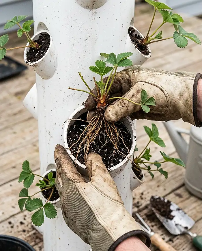 DIY Vertical Strawberry Planter for Small Spaces 4 Planting a strawberry crown through a tower pocket with the crown above the soil line