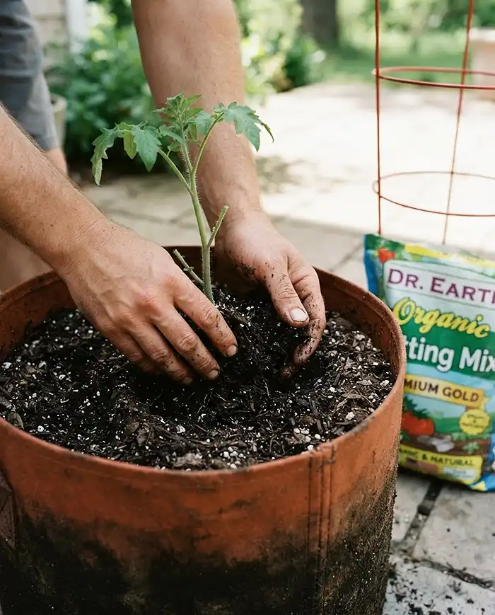 Best Pot Size for Tomatoes Peppers and Cucumbers 5 Planting a tomato deep in a container with a cage added at planting time